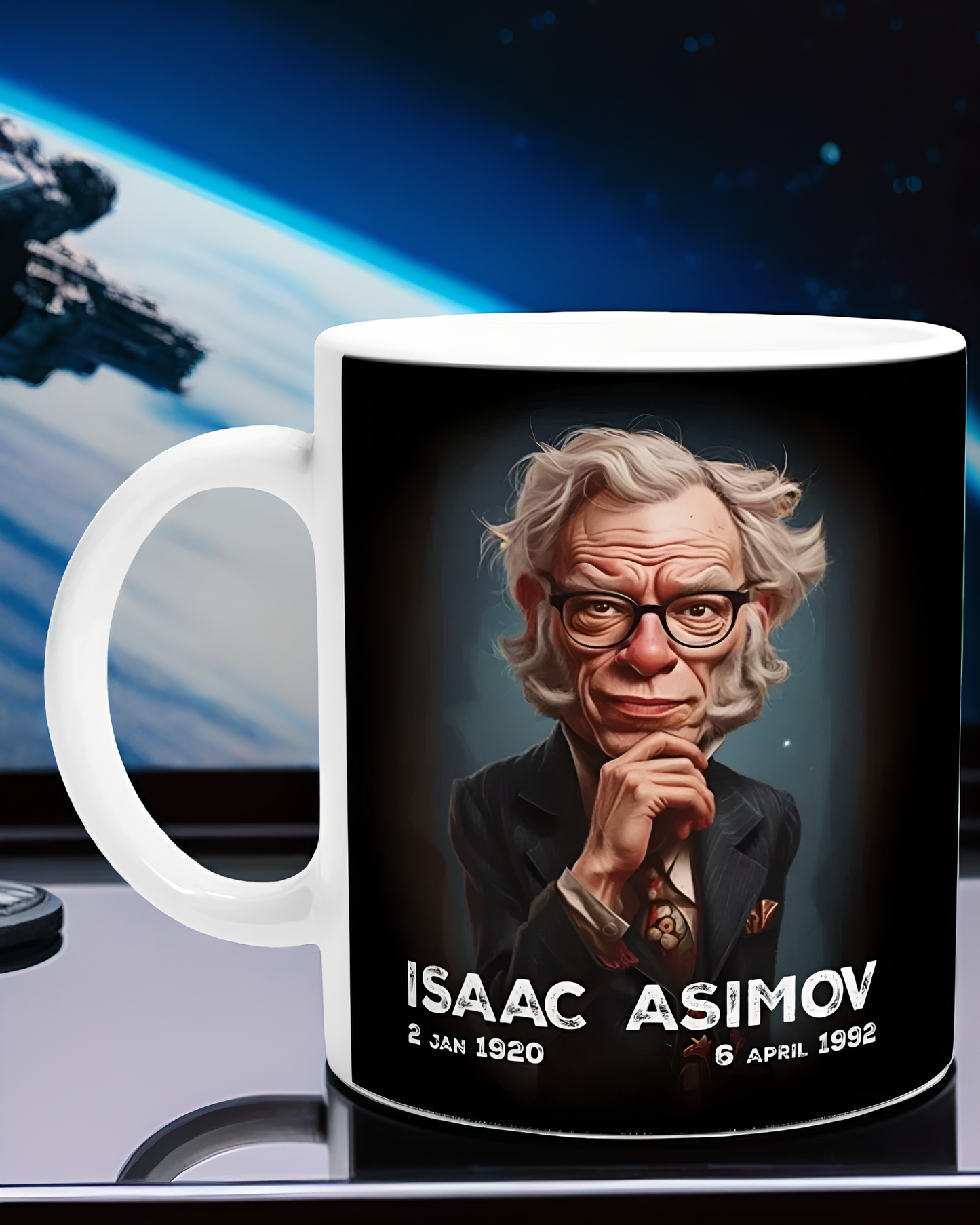 Isaac Asimov Caricature Mug – Perfect for Sci-Fi Lovers & Bookworms