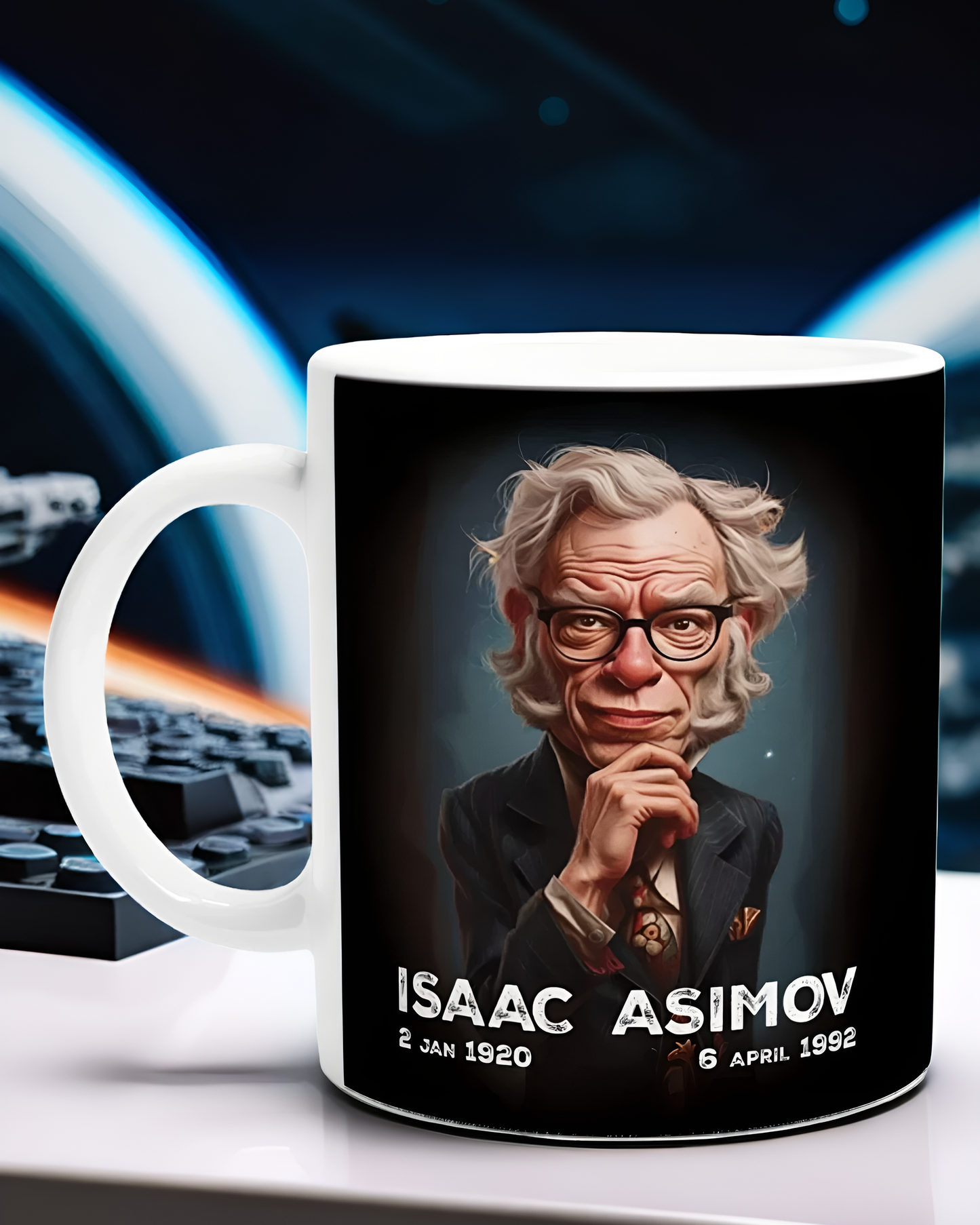 Isaac Asimov Caricature Mug – Perfect for Sci-Fi Lovers & Bookworms