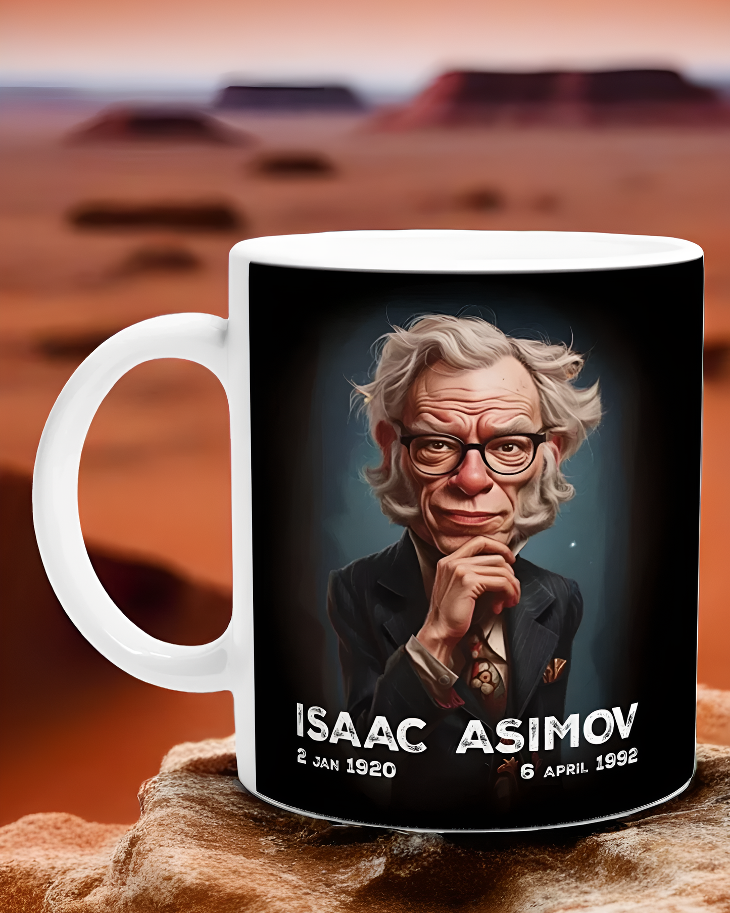 Isaac Asimov Caricature Mug – Perfect for Sci-Fi Lovers & Bookworms