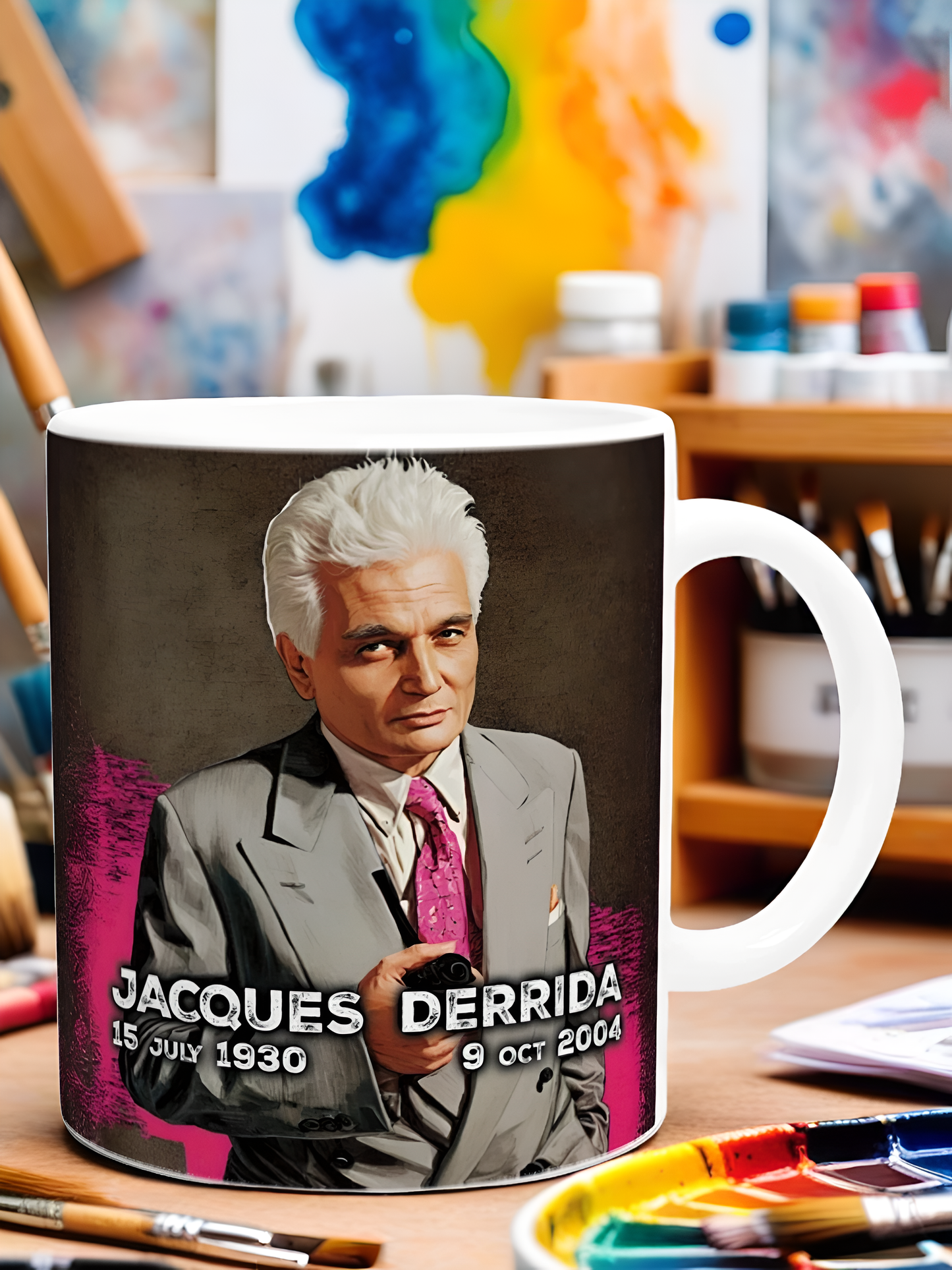 Jacques Derrida Mug – 11oz Ceramic Coffee Cup with Philosopher Illustration