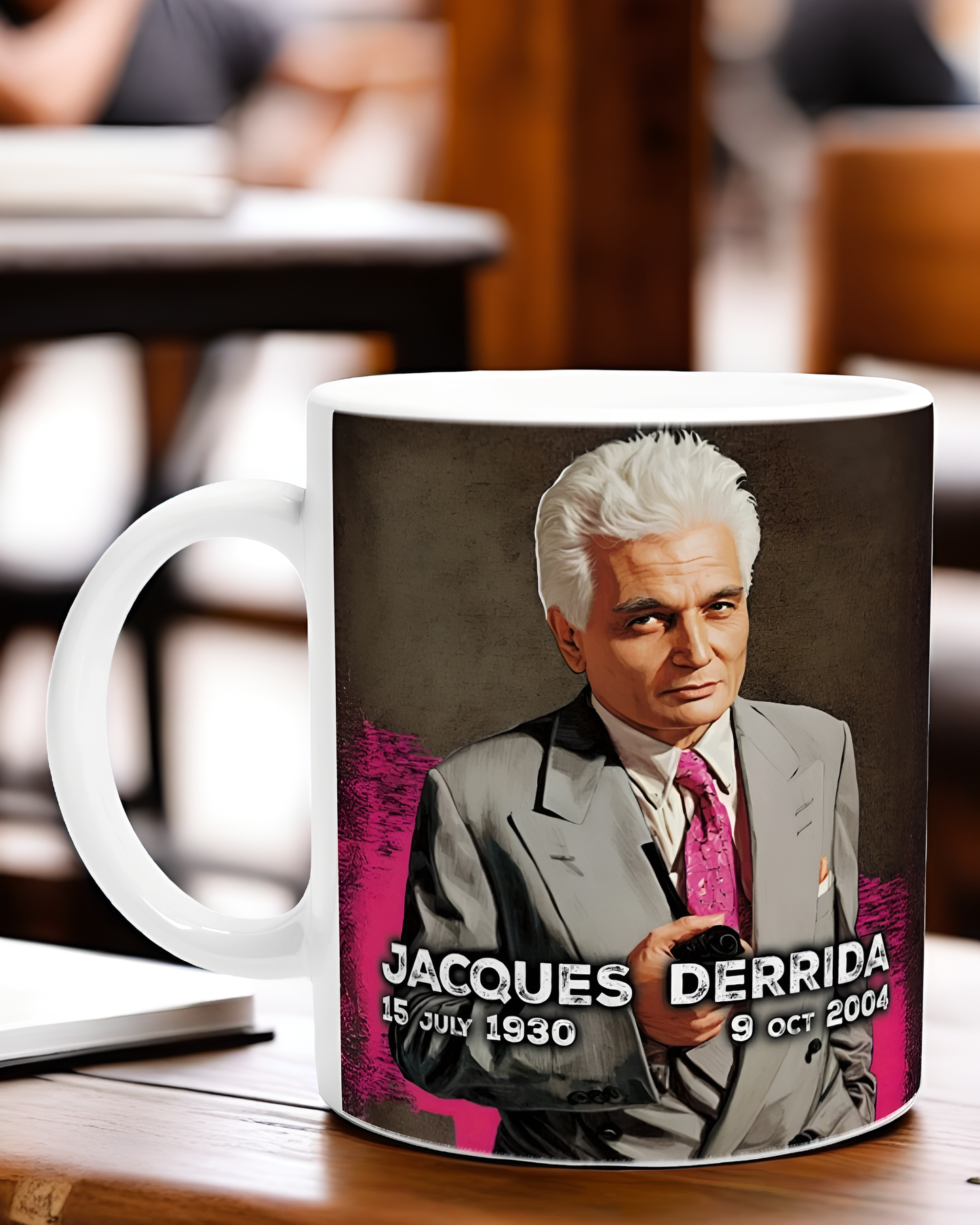 Jacques Derrida Mug – 11oz Ceramic Coffee Cup with Philosopher Illustration