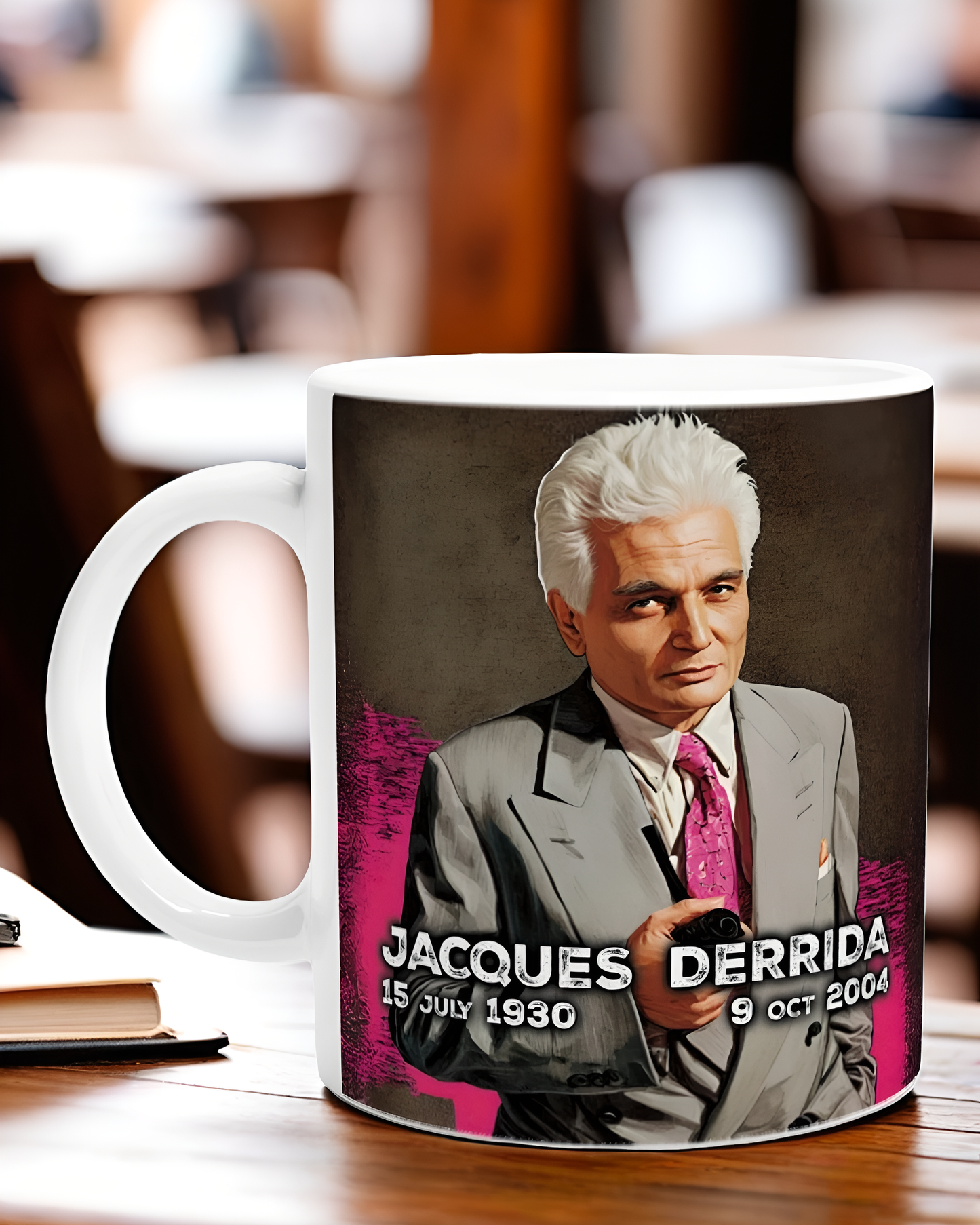 Jacques Derrida Mug – 11oz Ceramic Coffee Cup with Philosopher Illustration