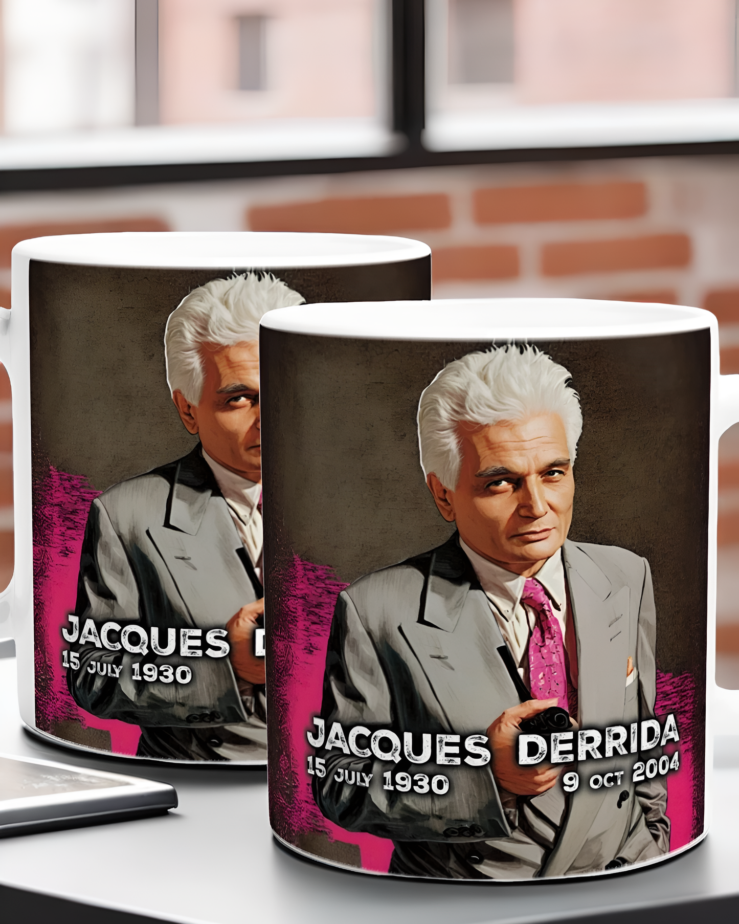 Jacques Derrida Mug – 11oz Ceramic Coffee Cup with Philosopher Illustration