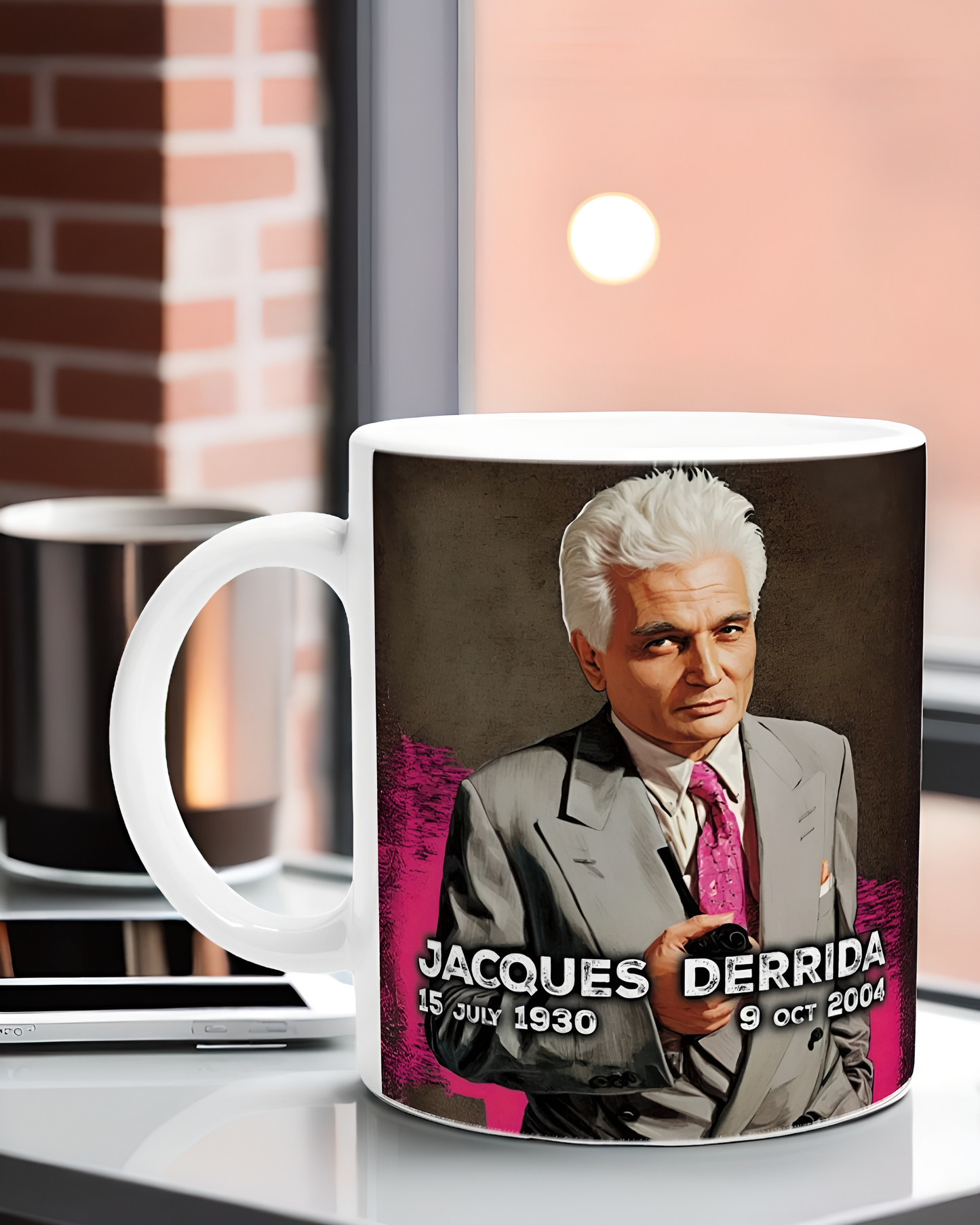 Jacques Derrida Mug – 11oz Ceramic Coffee Cup with Philosopher Illustration