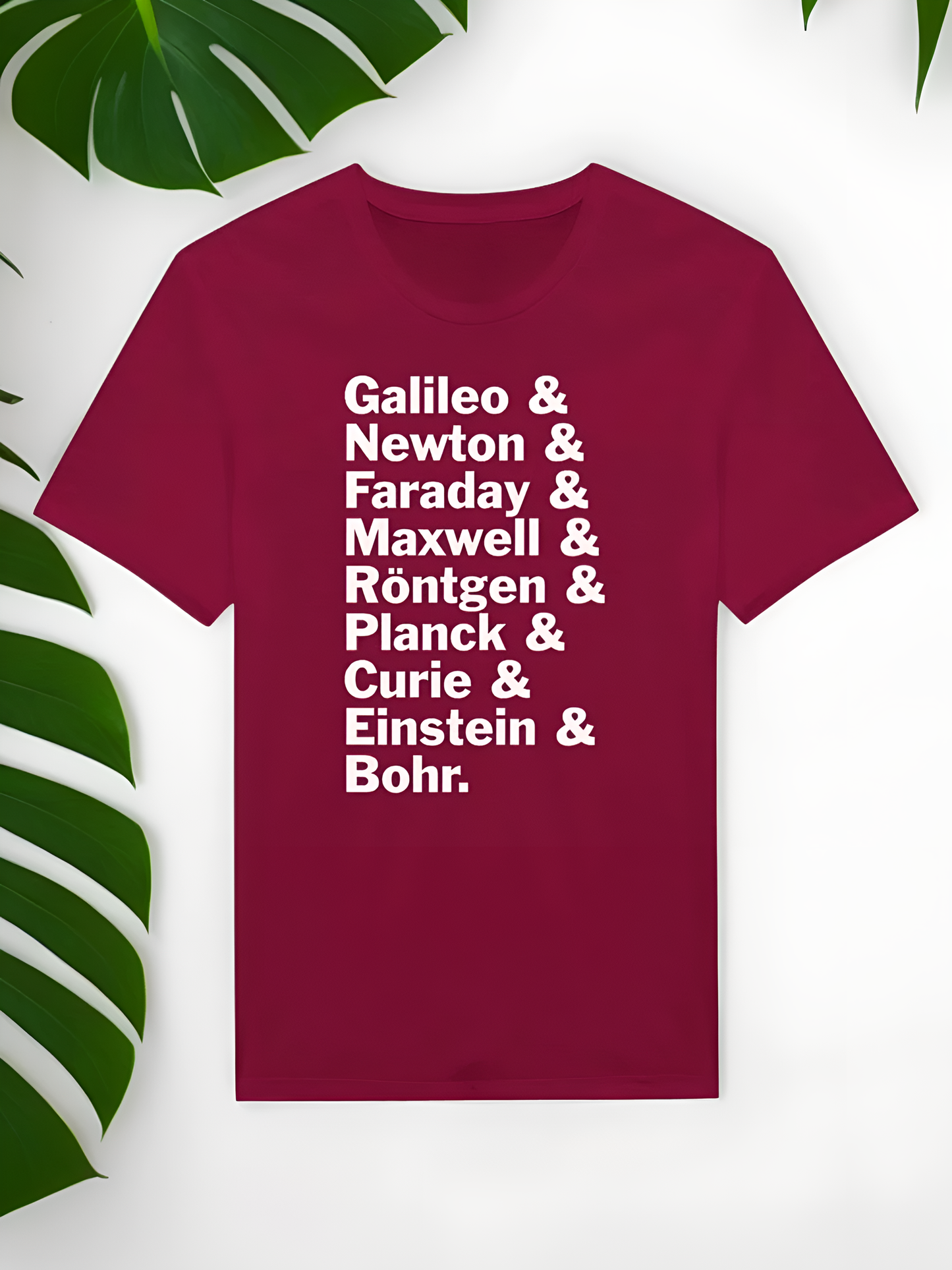 Physics Tshirt - Galileo, Newton, Faraday, Maxwell, Röntgen, Planck, Curie, Einstein, and Bohr